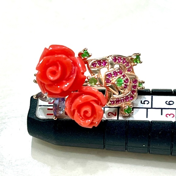 Natural Coral Emerald Aquamarine Garnet 14KGP Ring - Picture 2 of 6